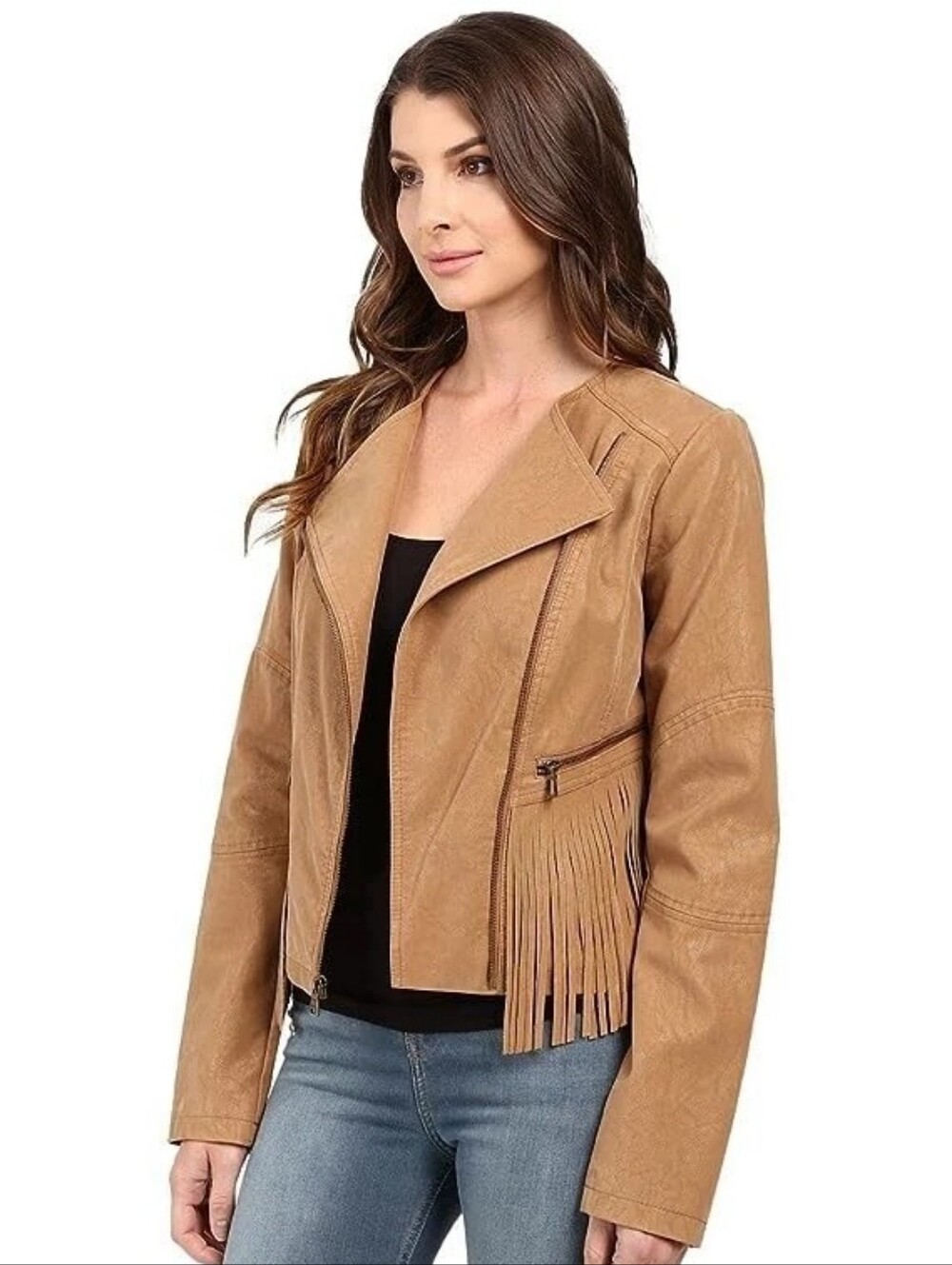 Jessica Simpson Faux Leather Fringe Moto Jacket Tan Size Large